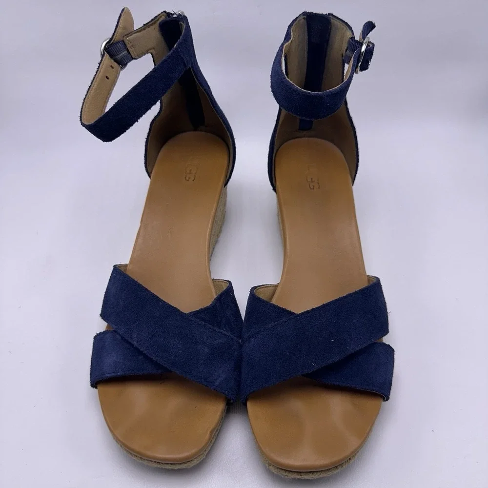 UGG Eugenia Navy Blue Suede Wedge Espadrille Sandals Women's Size 9 Ankle Strap